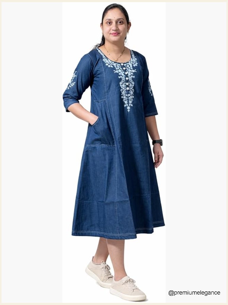 Cotton Denim Ethnic Tunic Dress With Embroidery, Straight Fit, 3/4 Sleeve